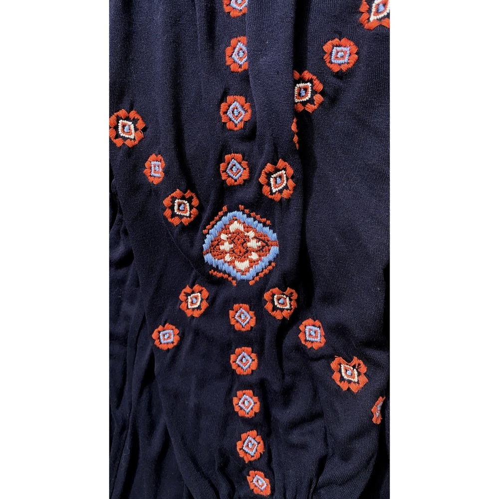 Womens Embroidered Dress Size Small Navy Blue Boho Floral Folk Hippie Waist Tie - Picture 4 of 11